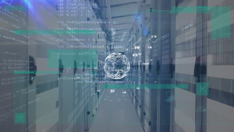 animación del procesamiento de datos y el globo sobre la sala del servidor
