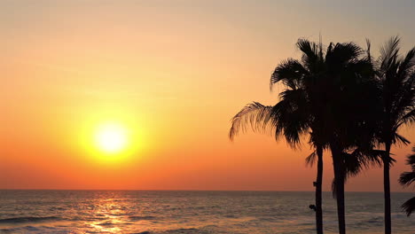 puesta de sol dorada en el océano con siluetas de palmeras en la playa