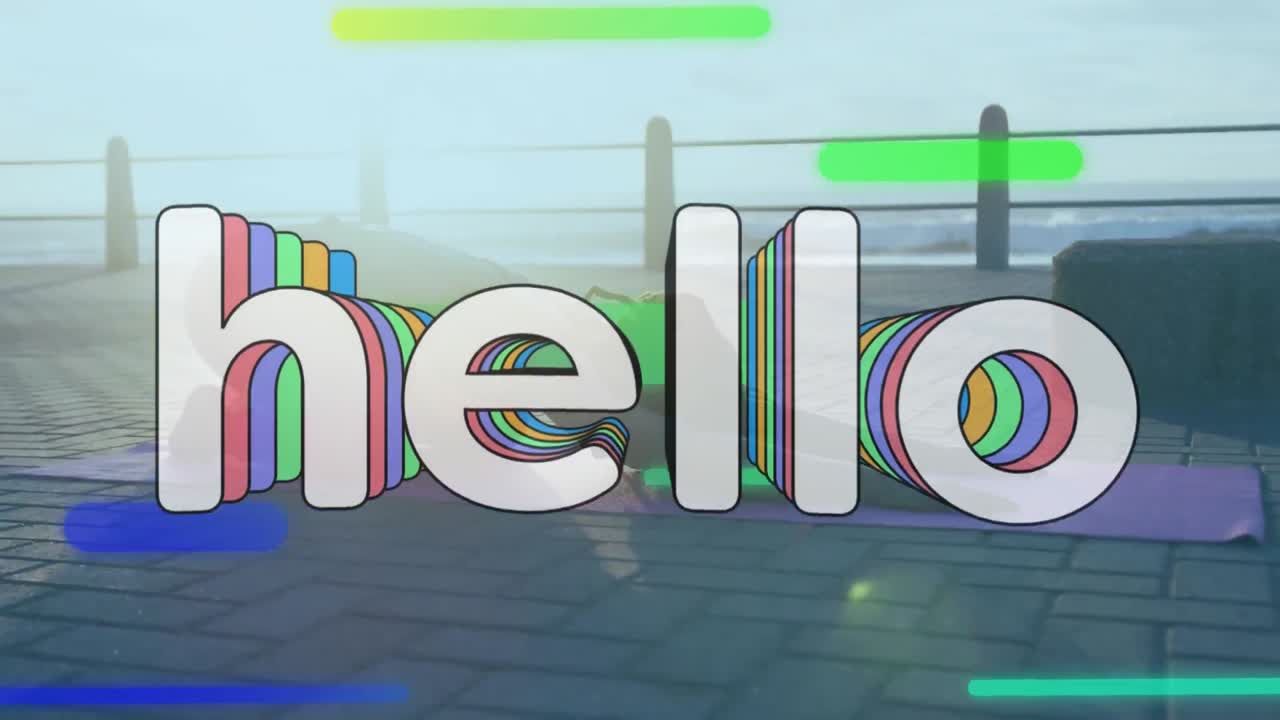 Animation of word hello over woman practising yoga on promenade by the sea