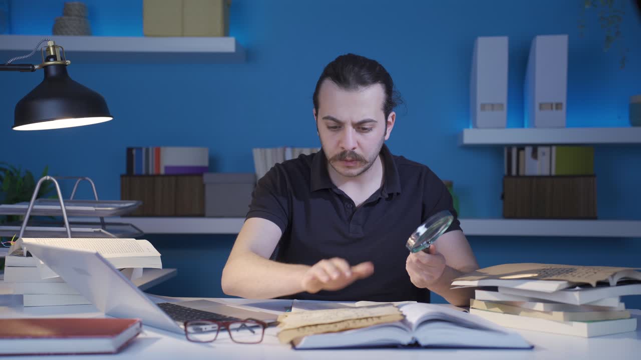 hombre historiador que estudia letras escritas en alfabetos árabes y griegos históricos.