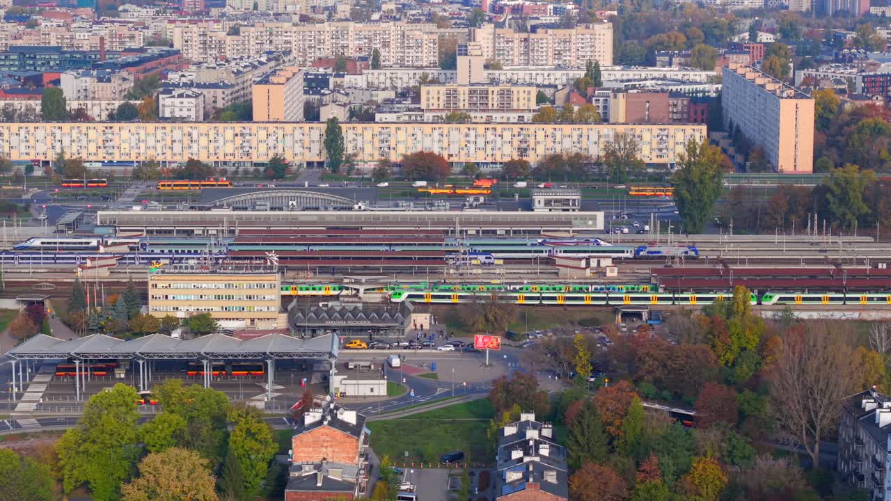 Warsaw, Poland, Aerial View of Warszawa Wschodnia Train Station and Railway on Sunny Autumn Day