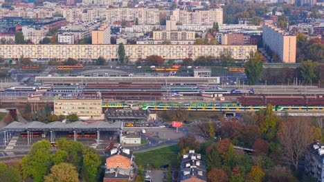warsaw, poland, aerial view of warszawa wschodnia train station and railway on sunny autumn day