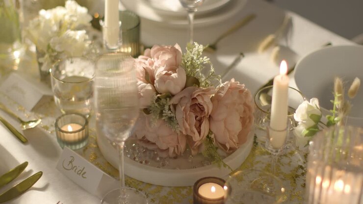 Close Up Of Bouquet On Table Set For Meal At Wedding Reception With Place Card For Bride