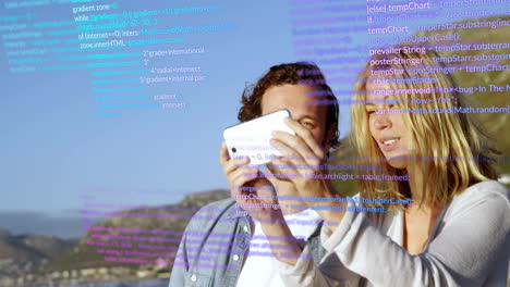 holding smartphone and taking selfie, couple over programming code animation