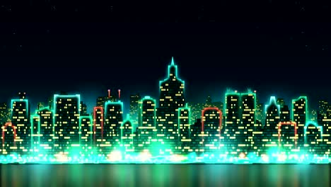 city skyline silhouette with animated windows, illuminated in the form of an inscription merry christmas, background with fireworks, seamless loop