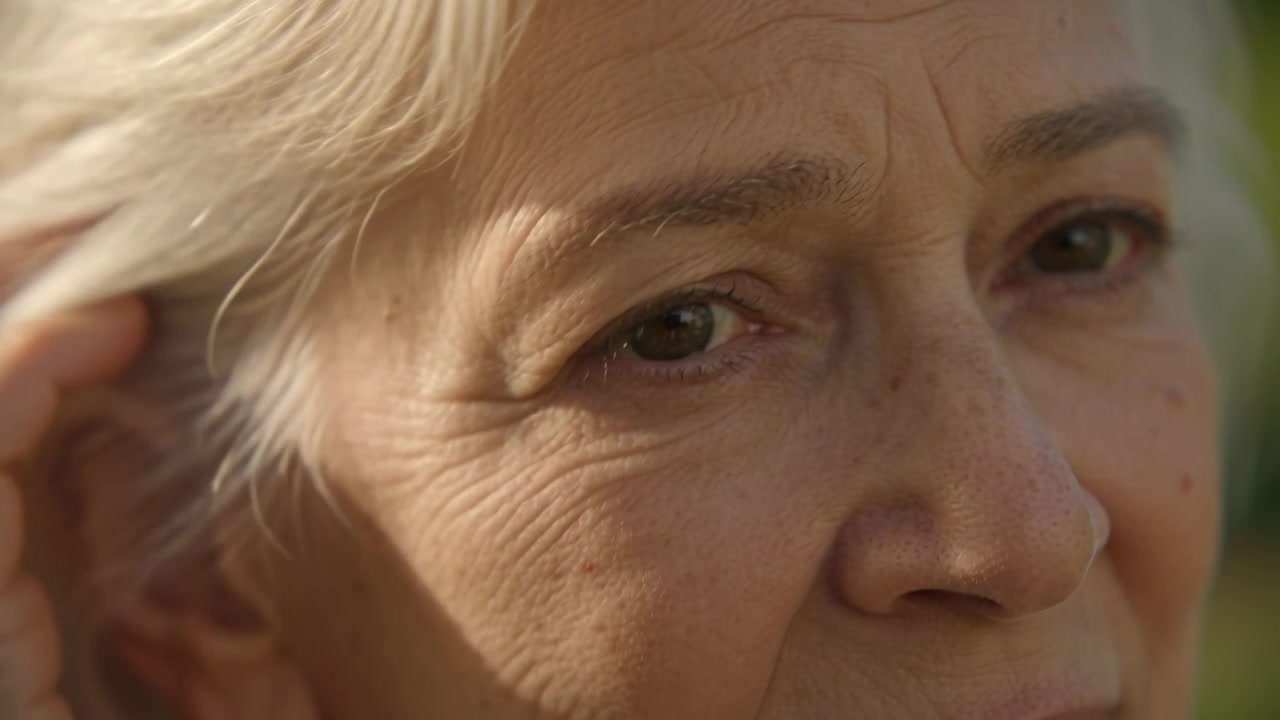 Noticing loose strand, senior woman tucking hair behind ear outdoors, showing hoop earring