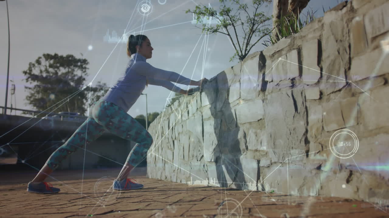 Exercising outdoors, woman with animation of digital data graphics in scene