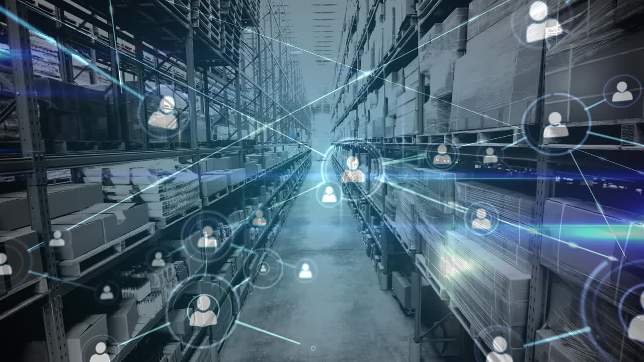 창고의 선반에 대한 연결 네트워크의 애니메이션