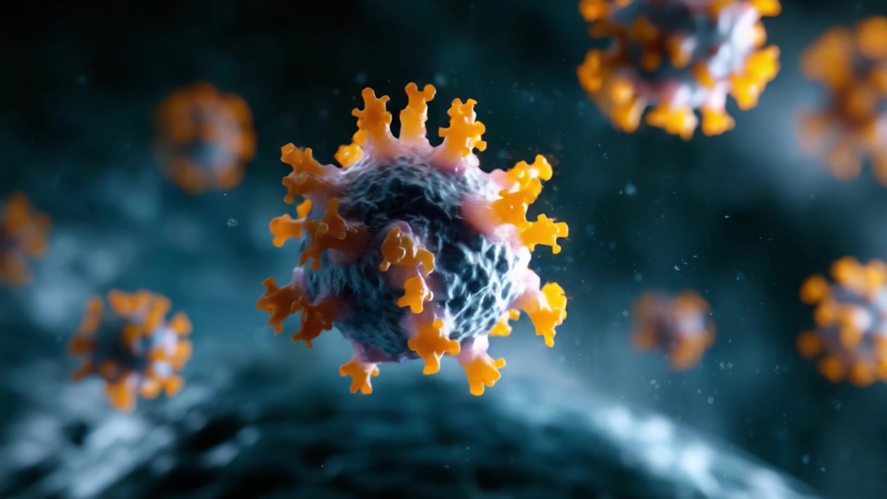 Detailed Visual Representation of Virus Particles in High Resolution, Showcasing Intricate Structures and Textures in a Dark, Microscopic Environment