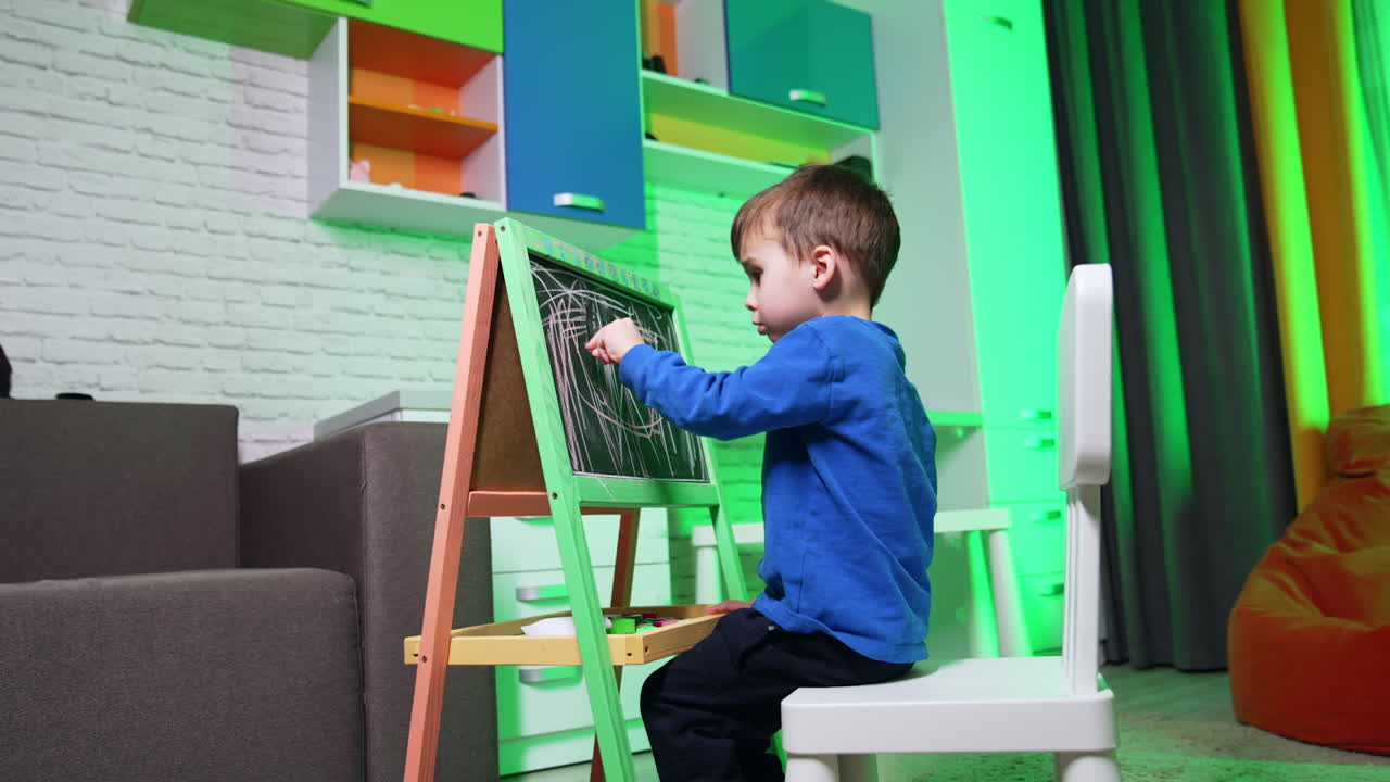 Funny Caucasian kid sits on the chair opening mouth wide. Toddler turns to the blackboard and draws with a piece of chalk. Low angle view.