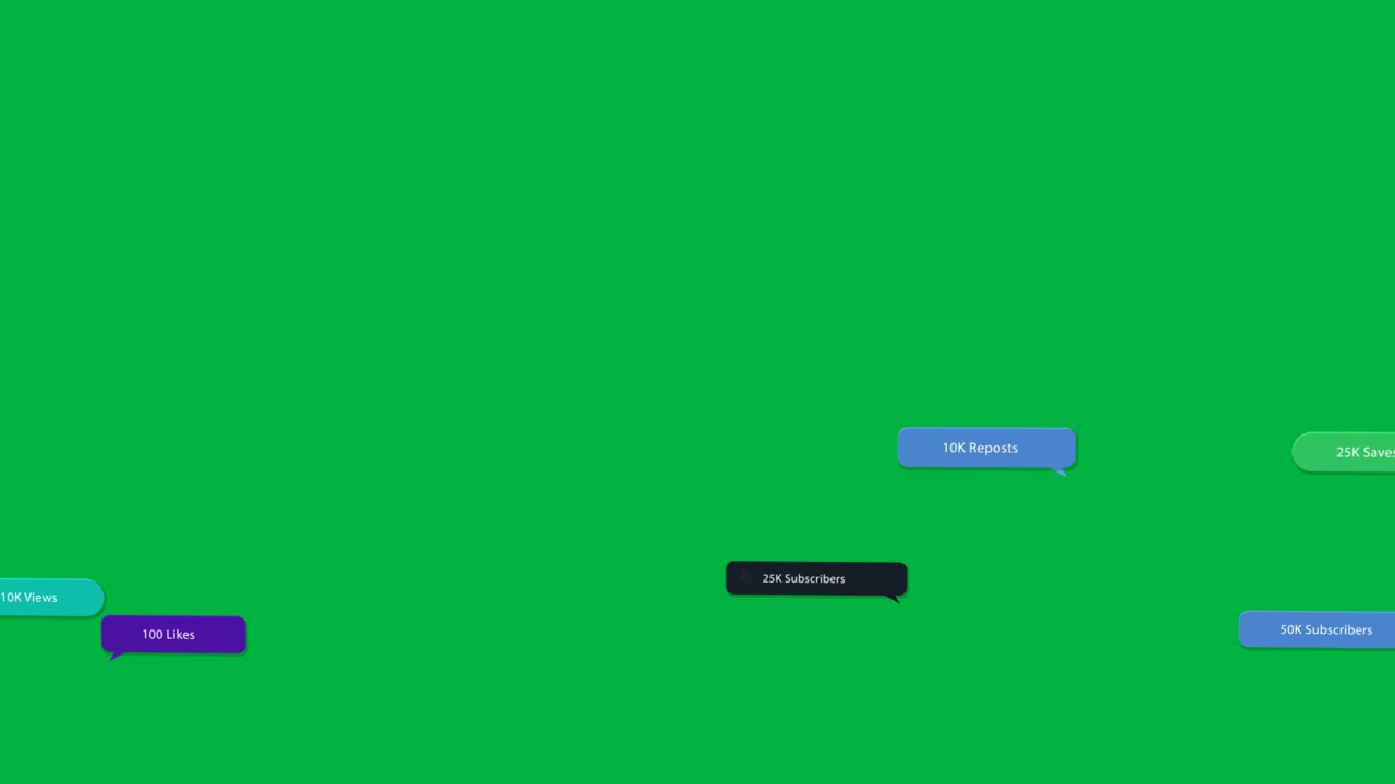 Badge color verde acqua che appare, altri che scorrono verso l'interno su sfondo trasparente, con centratura dorata che mostra gli abbonati, sfumando.