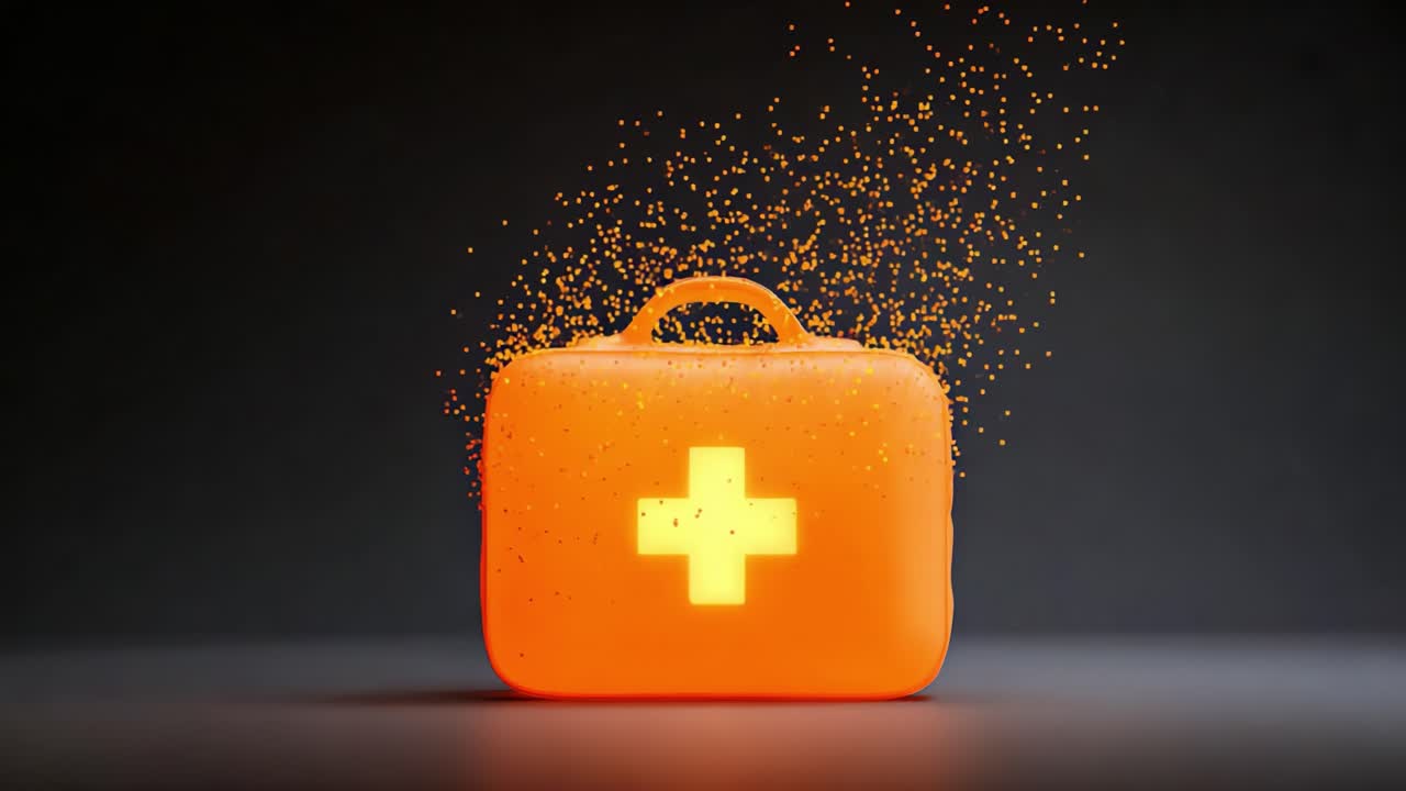 Uma representação vibrante e envolvente de um kit de primeiros socorros com um símbolo de cruz icônico, irradiando partículas que transmitem segurança e saúde em uma abordagem visual moderna