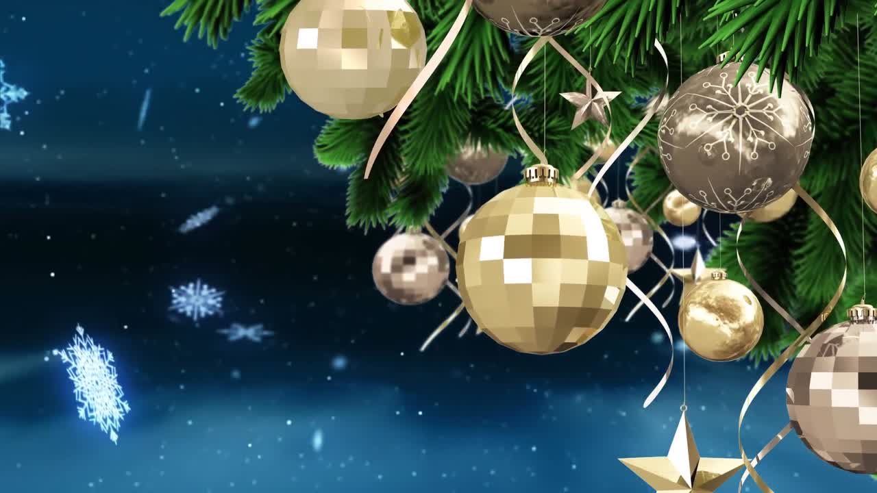 animación de ramas de abetos con decoración sobre la nieve que cae