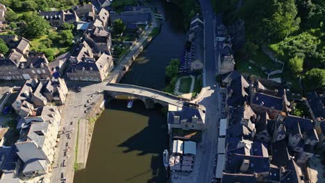 high altitude and forwards aerial movement above the le vieux pont, dinan, france