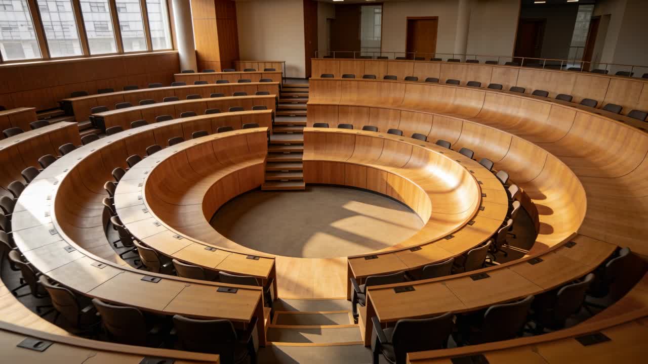 Video verticale: Telecamera che si allontana rivelando file circolari a gradoni in un'aula magna, con banchi in legno.