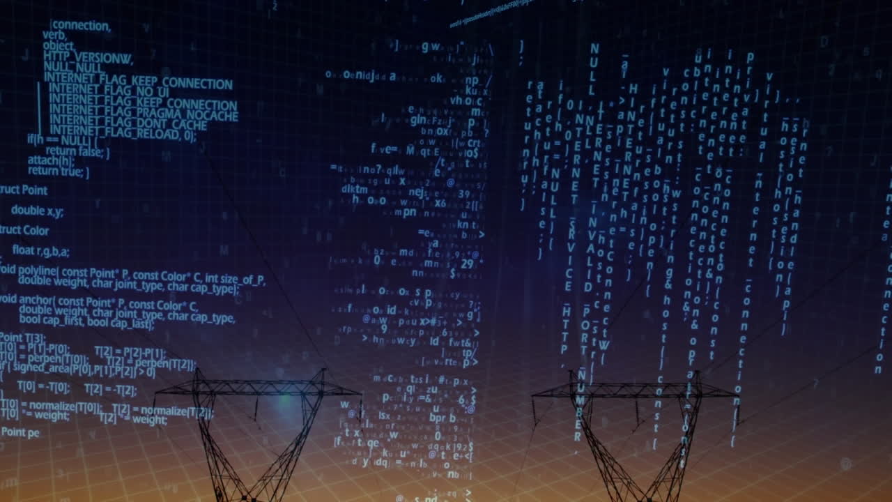 анимация обработки данных и информации над электрическими столбами на заходе солнца