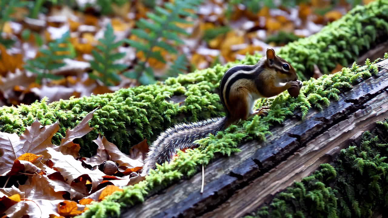 Chipmunks on a Log in Autumn Forest