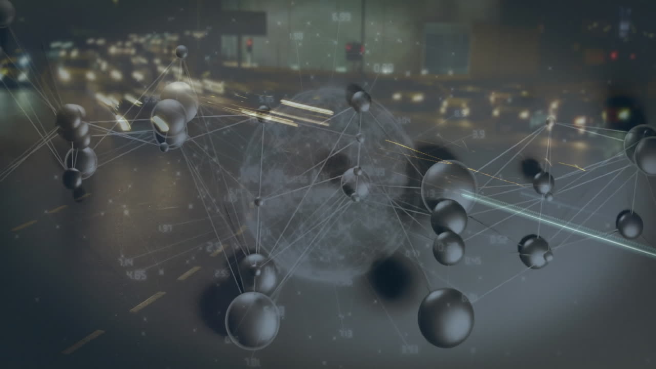 Animation of interconnected spheres and lines over blurred cityscape background