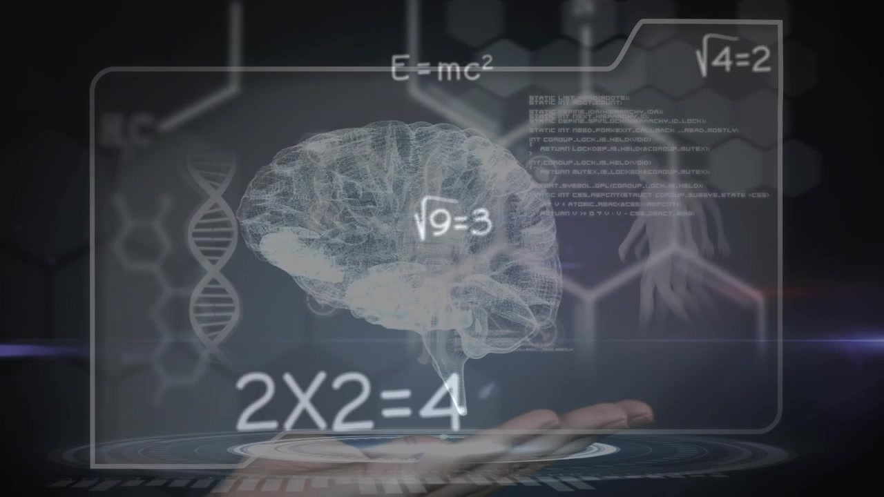 Animation of rotating brain and math formulas on black background with woman hand