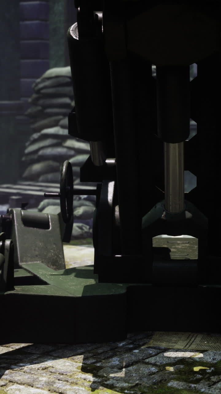 Old artillery prepares for display in an abandoned urban landscape