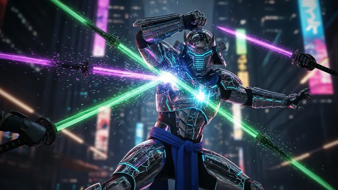 Futuristic Cyber Warrior Engaged in a High-Tech Battle with Luminous Swords Amidst a Neon Cityscape, Showcasing Advanced Technology and Combat Skills
