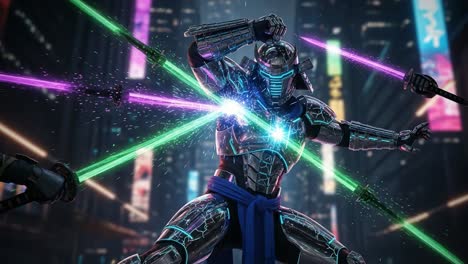 futuristic cyber warrior engaged in a high-tech battle with luminous swords amidst a neon cityscape, showcasing advanced technology and combat skills