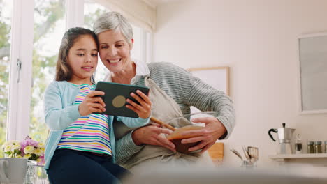 grandmother, child and tablet in silly selfie