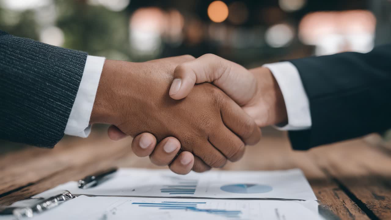 A Business Partnership Sealed with a Handshake Over Financial Reports and Charts, Representing Trust and Collaboration in Professional Relationships