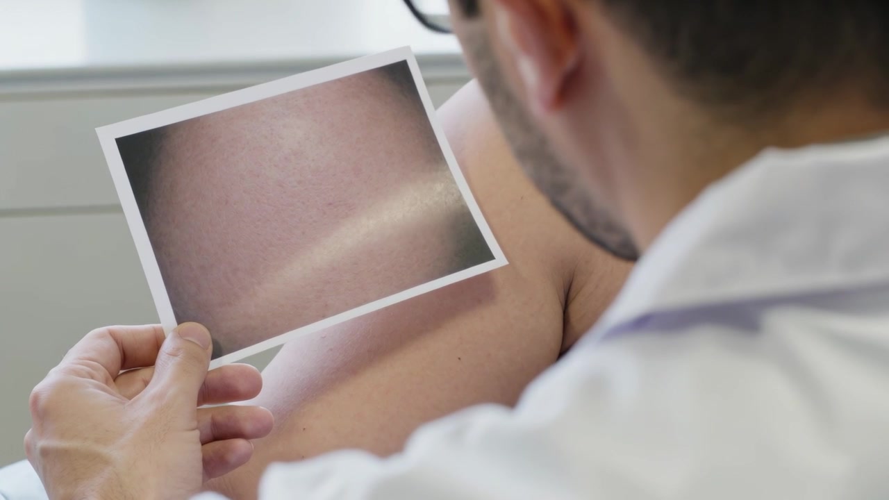 Raising clinician in lab coat holding printed closeup on patient's chest in clinic comparing streak