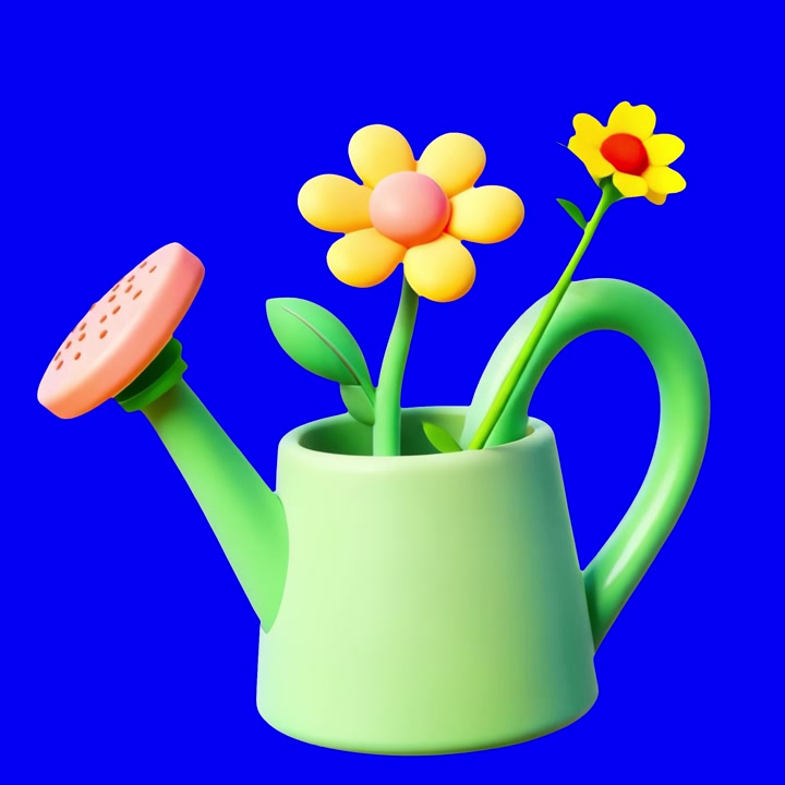 Animação 3D de flores em um regador verde