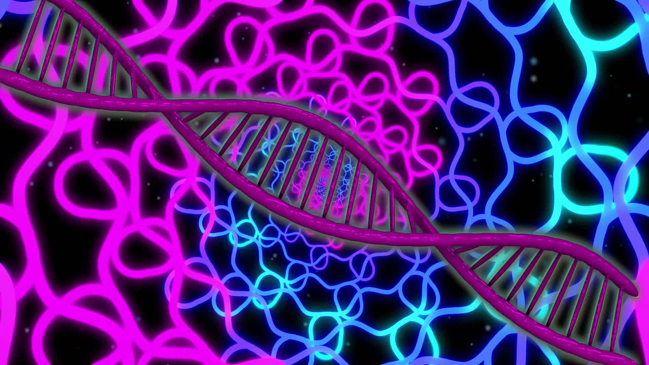 Animation of dna strand over blue and pink shapes moving
