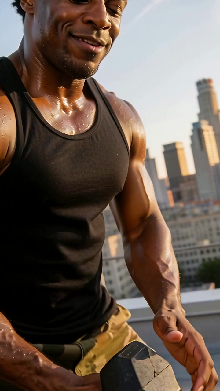 Vertical video: Starting curl, man in black tank on roof, curling hex dumbbell, lowering, training