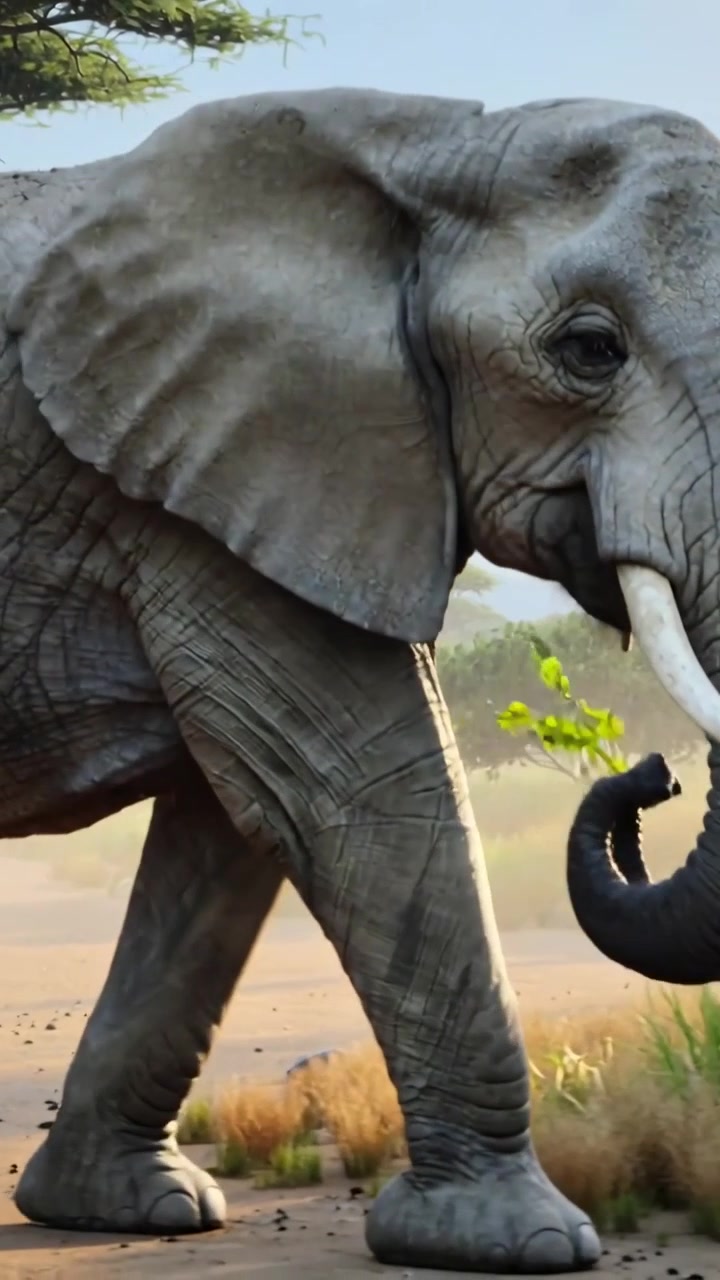 Vídeo vertical: Elefante caminhando, avistando grama e curvando a tromba para se alimentar enquanto atravessa a savana.