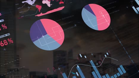 Animation-of-multicolored-infographic-interface-over-modern-city-against-cloudy-sky