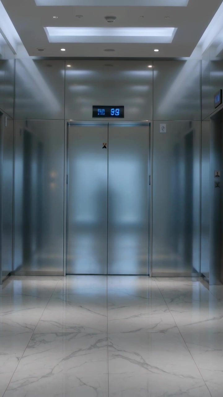 Video vertical: Reflejando cambios, puertas de ascensor de acero permaneciendo cerradas en el vestíbulo, pantalla mostrando 99.