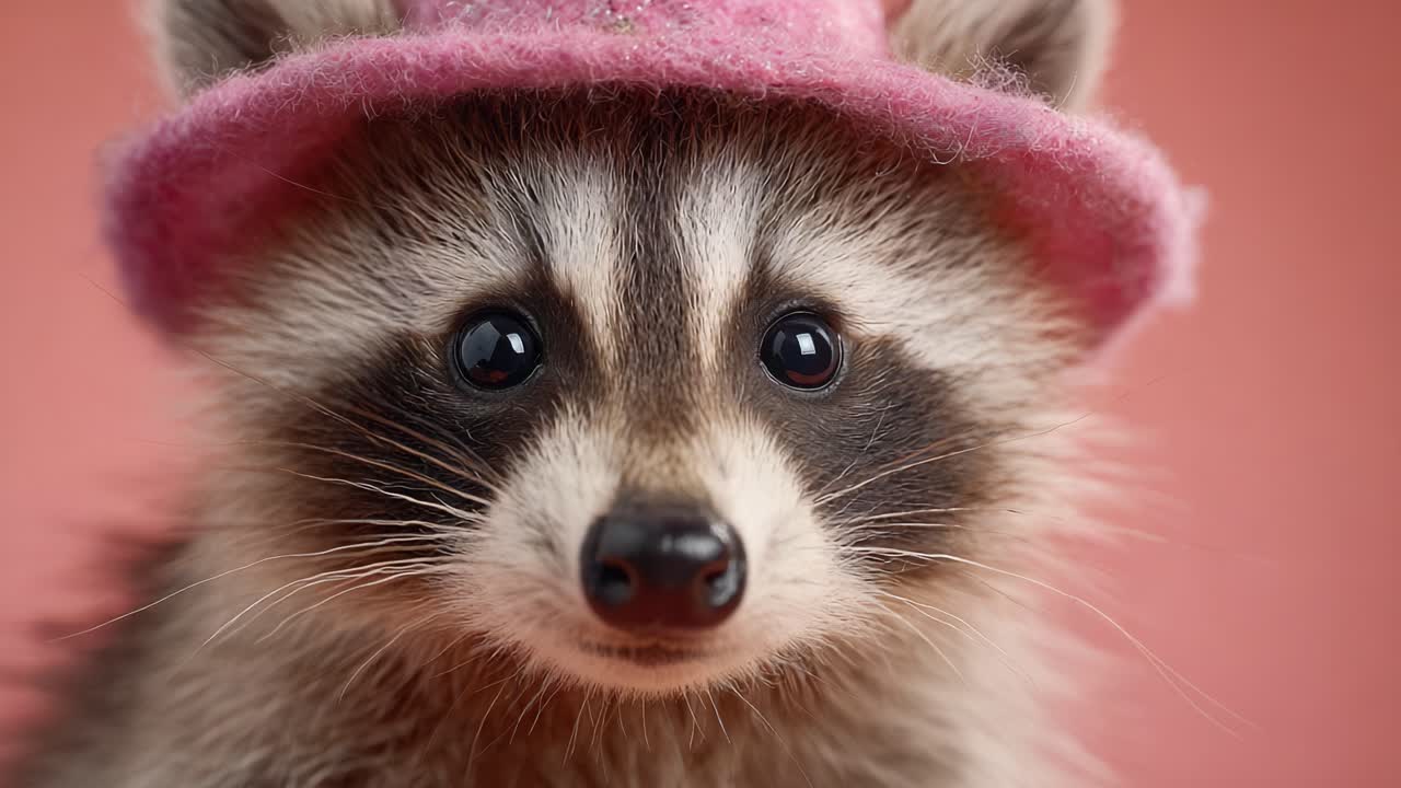 Adorable raccoon sporting a vibrant pink hat, showcasing its expressive eyes and fluffy fur, radiating cuteness and charm in a playful and whimsical manner