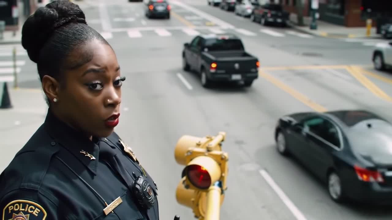 A police officer stands at a traffic signal, guiding vehicles through a bustling intersection in a downtown area.
