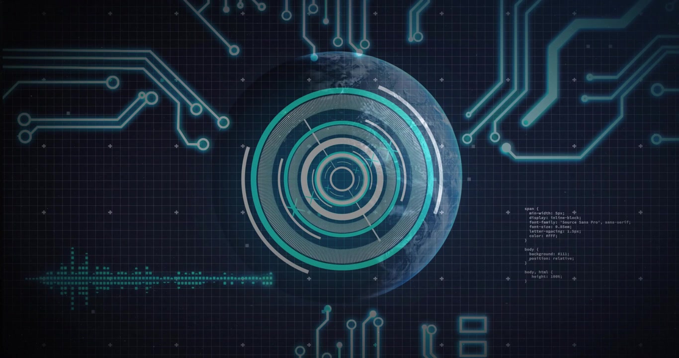 Animation opening grid, earth HUD rings rotating scanning data, waveform pulsing, code scrolling