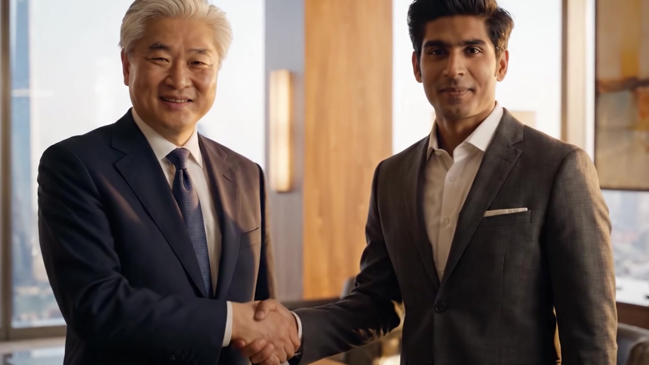 魅力的なプロフェッショナルな交流：素晴らしい街並みを望むモダンなオフィスで繋がりを共有する2人のビジネスマン