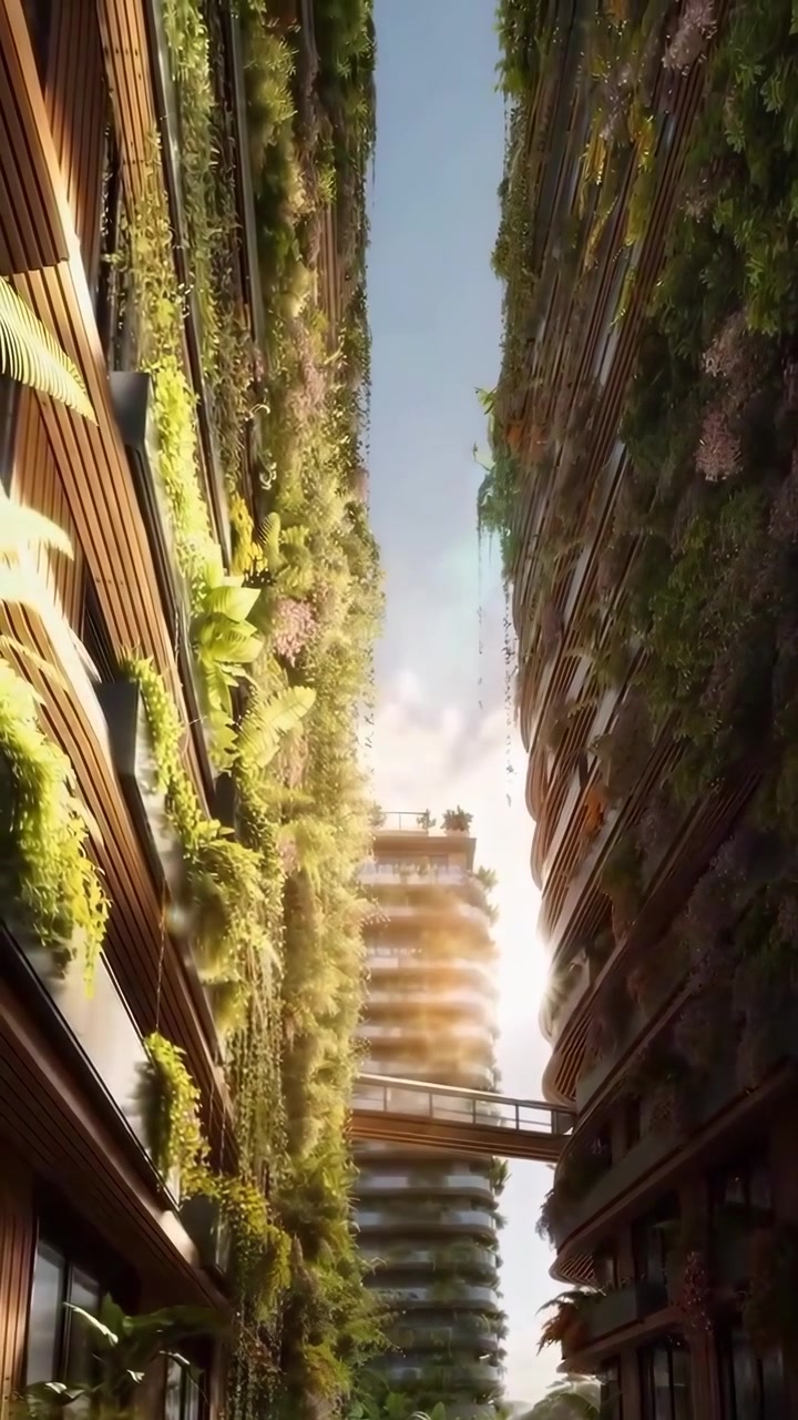 Architettura sostenibile moderna con giardini verticali e ponte sospeso