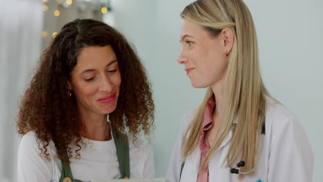 laughing, women and doctor in a hospital