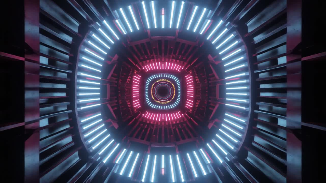 Volando attraverso un tunnel futuristico di luce al neon