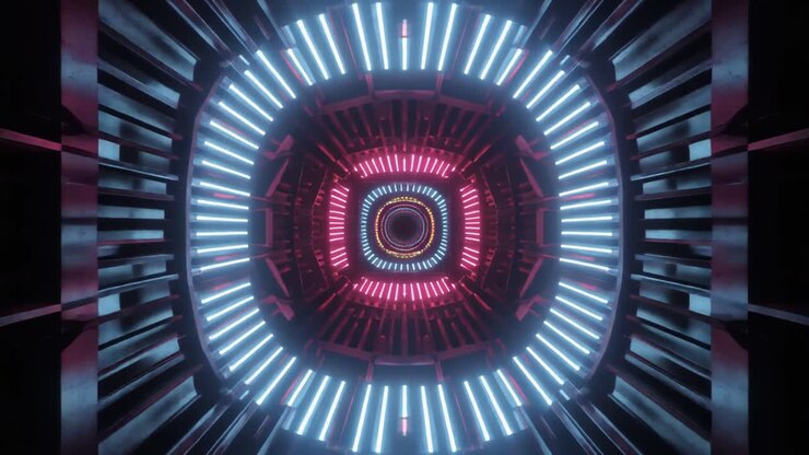 Volando attraverso un tunnel futuristico di luce al neon