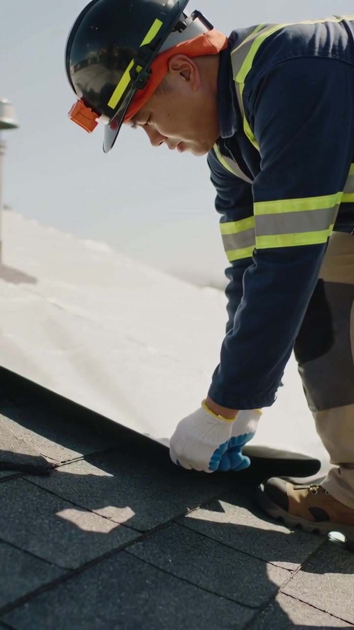 Vertical video: Lifting roofer wearing hard hat hi-vis pulling roll inspecting shingle, copy space