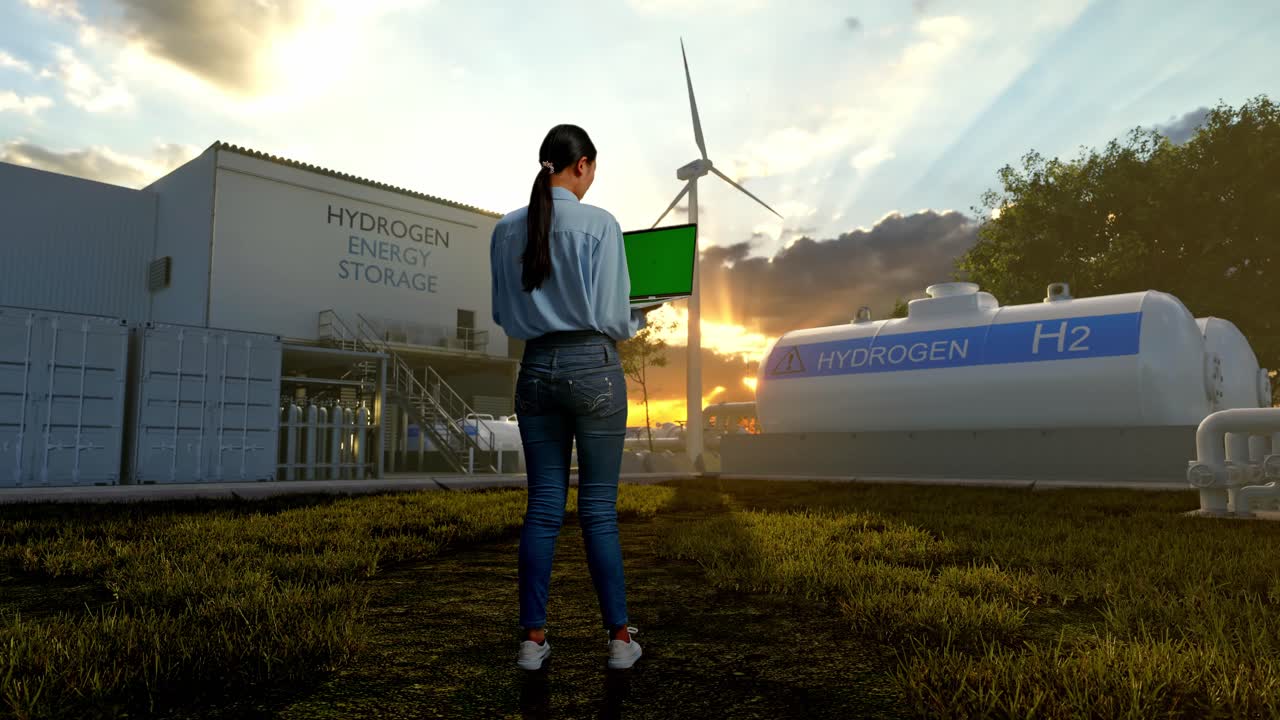 vista trasera del cuerpo completo de una trabajadora profesional asiática de pie en la fábrica de hidrógeno verde, instalación industrial de alta tecnología, escribiendo en el teclado de la computadora portátil con pantalla verde y mirar la fábrica una vez