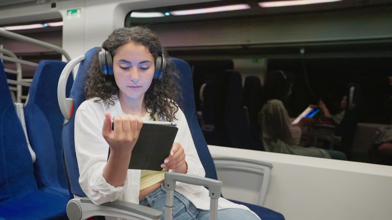 mujer leyendo en un tren por la noche