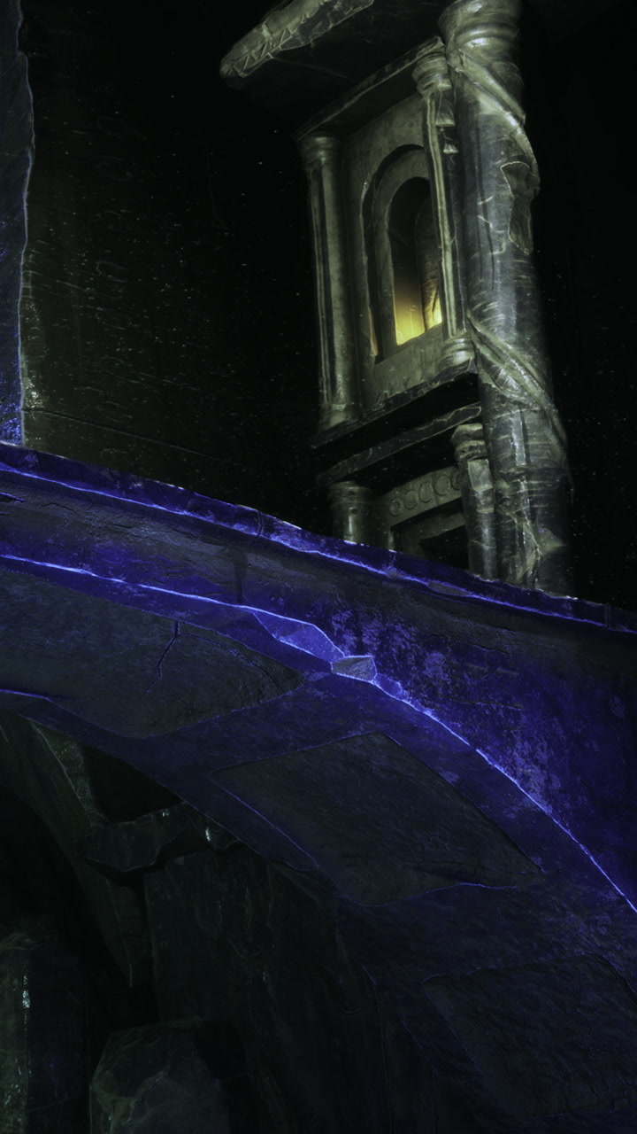 Mysterious structure in dark cave with glowing features and stone architecture