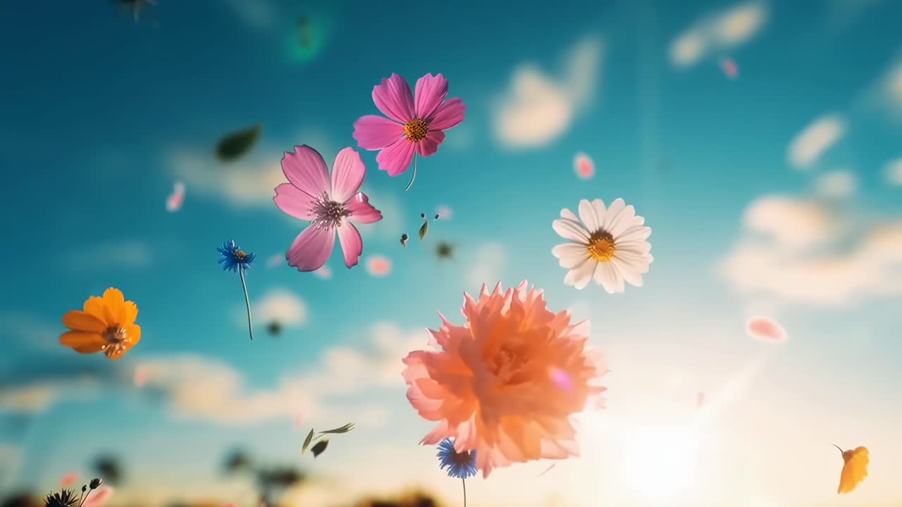 Vibrant flowers float against a sunny sky, captured from a low angle in a dreamy video style