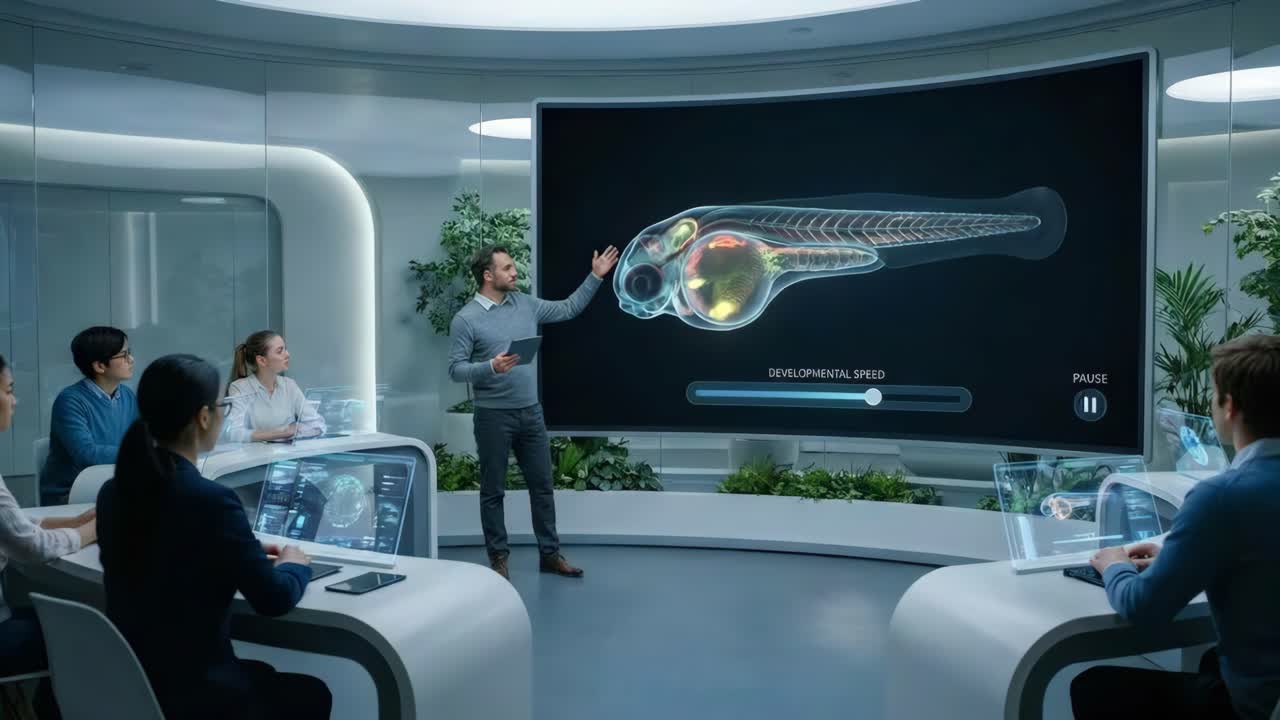 Futuristic Meeting Discussing Fish Anatomy and Development