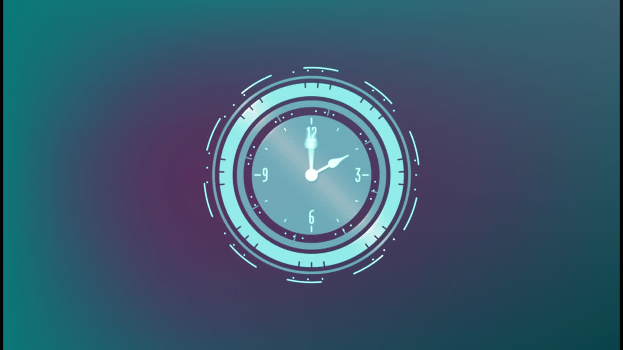 Animation of neon ticking clock against purple gradient background